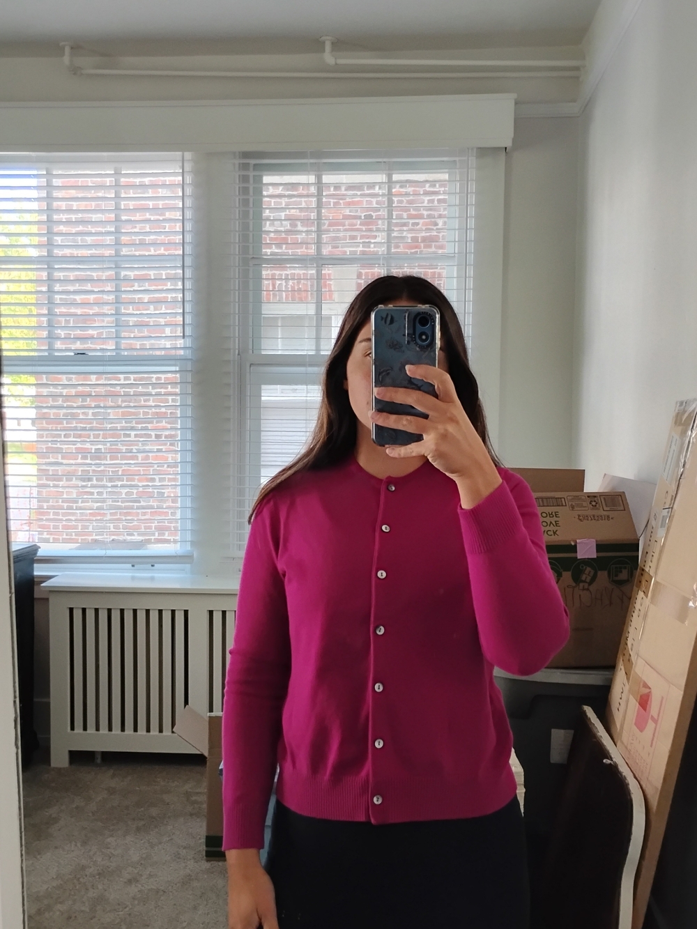 Lands' End Women's Fuchsia Button-Front Crewneck Cardigan